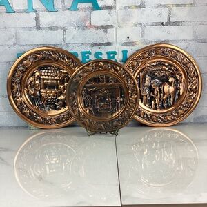 Set of 3 Coppercraft Guild Metal Plates, Wall Hanging, Well Blacksmith Scene